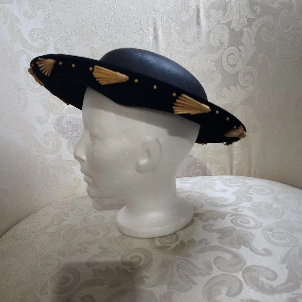 Stephen Anne Custom Black Velvet Straw Hat Wide Brim Gold Tassel Trim